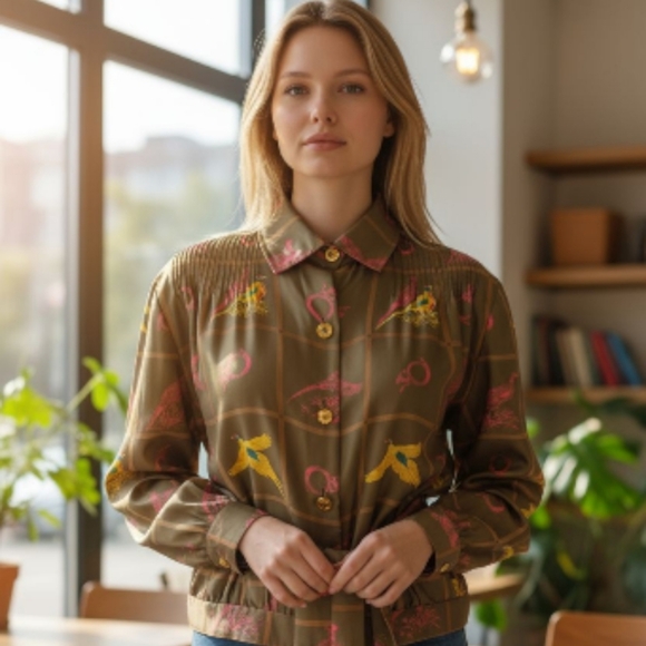 Vintage Gucci Silk Blouse with Quail Print & Tie Belt – Circa 1970s